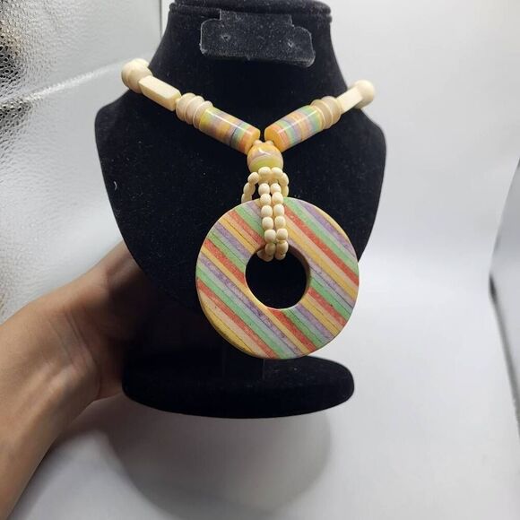 Unique Large Chunky Vintage 60s Long Striped Pendant Necklace - Picture 1 of 7